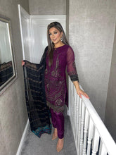 Load image into Gallery viewer, 3PC Plum Embroidered Shalwar Kameez with Black CHIFFON duppatta fully stitched 3 piece suit F-5236B
