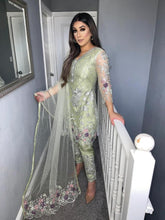 Load image into Gallery viewer, Light Green Net Shalwar Kameez with net duppatta fully stitched 3 piece suit
