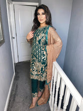 Load image into Gallery viewer, Green Shalwar Kameez with Peach Chiffon duppatta fully stitched 3 piece suit
