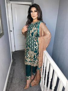 Green Shalwar Kameez with Peach Chiffon duppatta fully stitched 3 piece suit