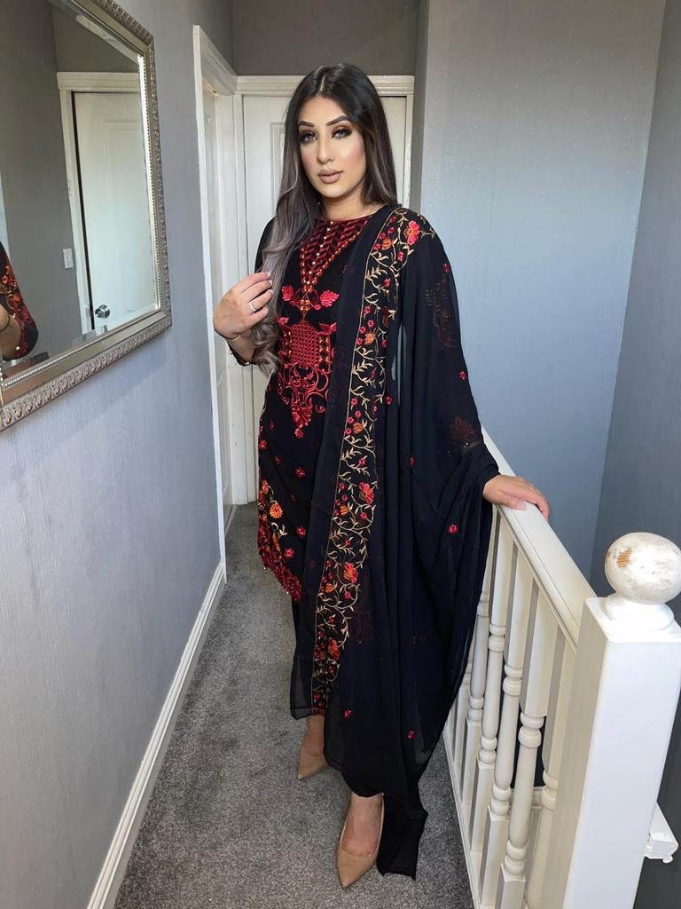 Black Embroidered Shalwar Kameez with chiffon duppatta fully stitched 3 piece suit with Chiffon Dupatta