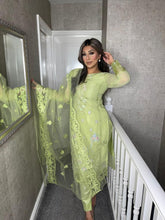 Load image into Gallery viewer, 3PC PISTACHIO GREEN Embroidered Shalwar Kameez with Net duppatta fully stitched 3 piece suit F-60028
