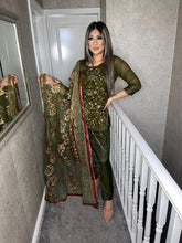 Load image into Gallery viewer, Olive Shalwar Kameez fully stitched 3 piece suit with Chiffon Dupatta MOB-1182B
