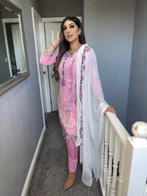 Load image into Gallery viewer, Pink Shalwar Kameez with Peach Chiffon duppatta fully stitched 3 piece suit
