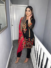 Load image into Gallery viewer, Black embroidered Shalwar Kameez with Red Chiffon duppatta fully stitched 3 piece suit MOB-BLACKRED
