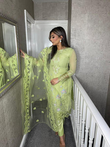 3PC PISTACHIO GREEN Embroidered Shalwar Kameez with Net duppatta fully stitched 3 piece suit F-60028