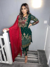 Load image into Gallery viewer, Green Shalwar Kameez with red duppatta fully stitched 3 piece suit with Chiffon Dupatta
