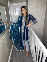 Load image into Gallery viewer, Teal and Silver Shalwar Kameez with fully stitched 3 piece suit with Chiffon Dupatta MOB-TEALSILVER
