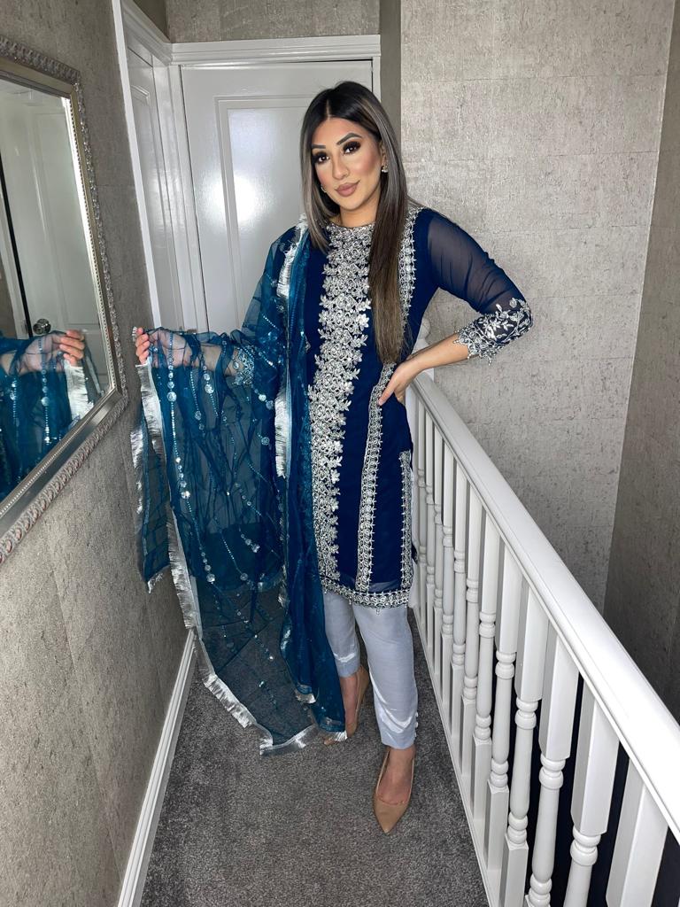 Teal and Silver Shalwar Kameez with fully stitched 3 piece suit with Chiffon Dupatta MOB-TEALSILVER