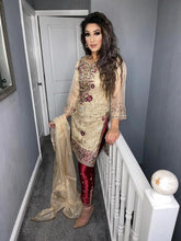 Load image into Gallery viewer, Gold with maroon trouser Shalwar Kameez fully stitched 3 piece suit with Maysoori Dupatta
