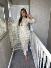 Load image into Gallery viewer, 3PC WHITE/CREAM Embroidered Shalwar Kameez with Net duppatta fully stitched 3 piece suit F-1283A
