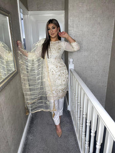 3PC WHITE/CREAM Embroidered Shalwar Kameez with Net duppatta fully stitched 3 piece suit F-1283A