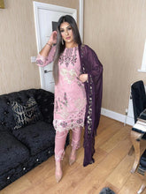 Load image into Gallery viewer, Pink Shalwar Kameez with Purple Chiffon duppatta fully stitched 3 piece suit
