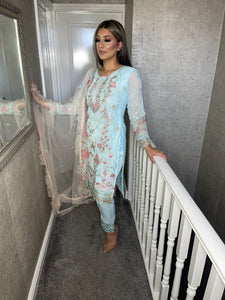 Baby Blue Embroidered Shalwar Kameez with chiffon duppatta fully stitched 3 piece suit with Chiffon Dupatta MOB-90020B