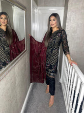 Load image into Gallery viewer, Black Embroidered Shalwar Kameez with Maroon Chiffon duppatta fully stitched 3 piece suit with Net Dupatta KT-1007D
