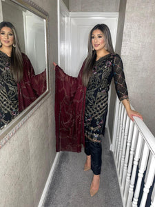 Black Embroidered Shalwar Kameez with Maroon Chiffon duppatta fully stitched 3 piece suit with Net Dupatta KT-1007D