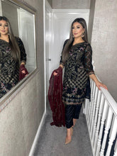 Load image into Gallery viewer, Black Embroidered Shalwar Kameez with Maroon Chiffon duppatta fully stitched 3 piece suit with Net Dupatta KT-1007D
