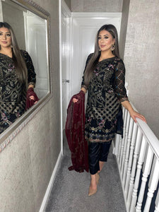 Black Embroidered Shalwar Kameez with Maroon Chiffon duppatta fully stitched 3 piece suit with Net Dupatta KT-1007D