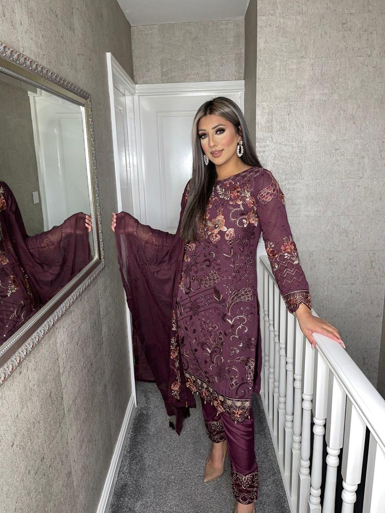 3PC WINE Embroidered Shalwar Kameez with CHIFFON duppatta fully stitched 3 piece suit C-1531