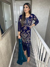 Load image into Gallery viewer, NAVY Embroidered Shalwar Kameez with chiffon duppatta fully stitched 3 piece suit with Teal Chiffon Dupatta MOB-D5178
