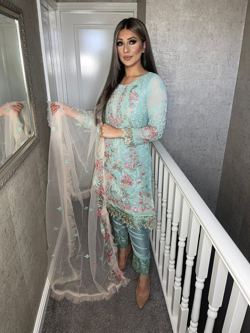 Ocean Blue Embroidered Shalwar Kameez with chiffon duppatta fully stitched 3 piece suit with Chiffon Dupatta MOB-90020G