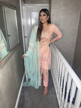 Load image into Gallery viewer, PINK Shalwar Kameez fully stitched 3 piece suit with Blue Chiffon Dupatta MOB-AA53
