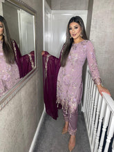 Load image into Gallery viewer, Purple Embroidered Shalwar Kameez with Plum Chiffon duppatta fully stitched 3 piece suit with Net Dupatta MOB-HT27
