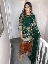 Load image into Gallery viewer, Orange shrara with Green top fully stitched 3 piece suit with chiffon duppatta
