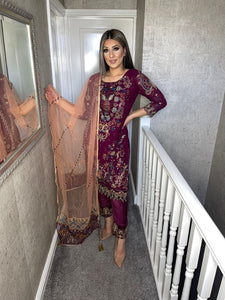 Purple Embroidered Shalwar Kameez with Peach NET duppatta fully stitched 3 piece suit with Chiffon Dupatta MOB-90022