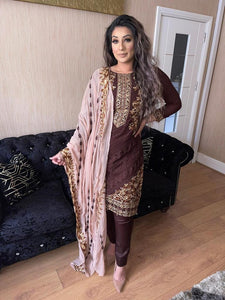 Brown Shalwar Kameez with pink Chiffon duppatta fully stitched 3 piece suit AC-503