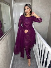 Load image into Gallery viewer, Plum Embroidered Shalwar Kameez with Chiffon duppatta fully stitched 3 piece suit with Chiffon MOB-AA48C
