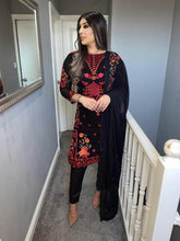 Load image into Gallery viewer, Black Embroidered Shalwar Kameez with chiffon duppatta fully stitched 3 piece suit with Chiffon Dupatta
