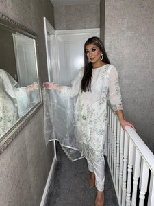 WHITE Embroidered Shalwar Kameez with Organza duppatta fully stitched 3 piece suit MAHNOOR-WHITE