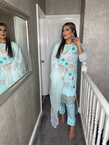 Baby Blue Embroidered Shalwar Kameez with Chiffon duppatta fully stitched 3 piece suit ALK-2095