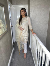 Load image into Gallery viewer, 3PC WHITE/CREAM Embroidered Shalwar Kameez with Net duppatta fully stitched 3 piece suit F-1283A
