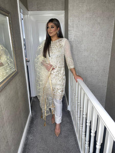 3PC WHITE/CREAM Embroidered Shalwar Kameez with Net duppatta fully stitched 3 piece suit F-1283A