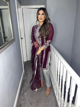 Load image into Gallery viewer, Purple and Silver Shalwar Kameez with fully stitched 3 piece suit with Chiffon Dupatta MOB-PURPLESILVER
