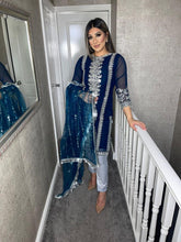 Load image into Gallery viewer, Teal and Silver Shalwar Kameez with fully stitched 3 piece suit with Chiffon Dupatta MOB-TEALSILVER
