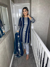 Load image into Gallery viewer, Teal and Silver Shalwar Kameez with fully stitched 3 piece suit with Chiffon Dupatta MOB-TEALSILVER
