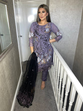 Load image into Gallery viewer, Grey Embroidered Shalwar Kameez with Black chiffon duppatta fully stitched 3 piece suit with Chiffon Dupatta MOB-AA46B
