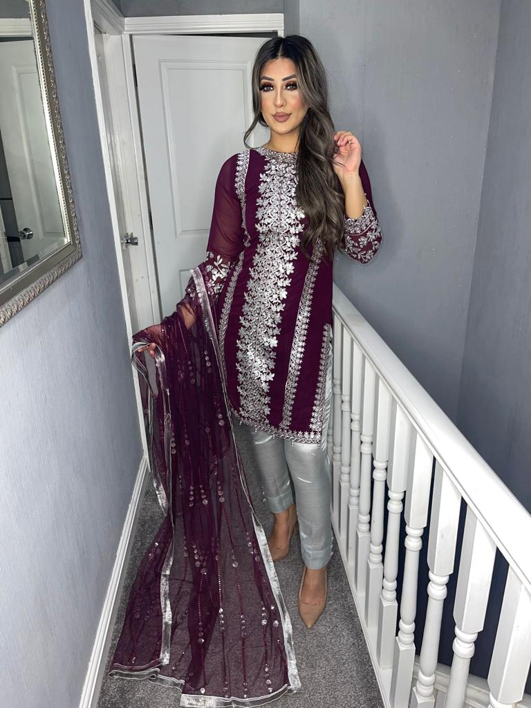 Purple and Silver Shalwar Kameez with fully stitched 3 piece suit with Chiffon Dupatta MOB-PURPLESILVER