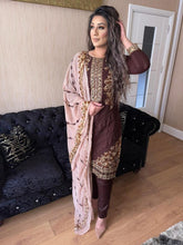 Load image into Gallery viewer, Brown Shalwar Kameez with pink Chiffon duppatta fully stitched 3 piece suit AC-503
