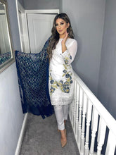 Load image into Gallery viewer, White Shalwar Kameez with fully stitched 3 piece suit with Navy Chiffon Dupatta
