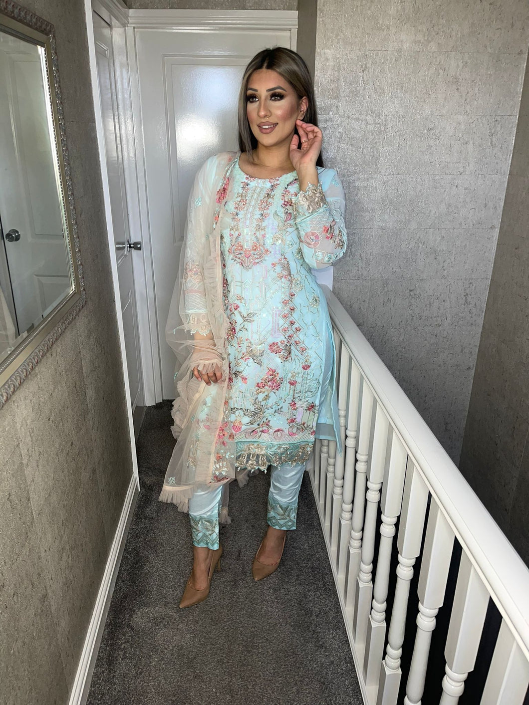 Baby Blue Embroidered Shalwar Kameez with chiffon duppatta fully stitched 3 piece suit with Chiffon Dupatta MOB-90020B