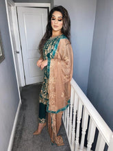 Load image into Gallery viewer, Green Shalwar Kameez with Peach Chiffon duppatta fully stitched 3 piece suit
