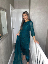 Load image into Gallery viewer, 3PC TEAL Embroidered Shalwar Kameez with CHIFFON duppatta fully stitched 3 piece suit F-1174D
