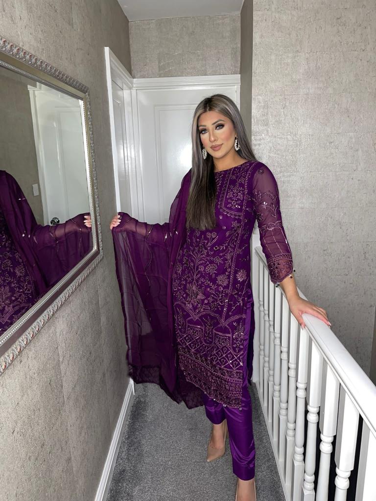 3PC PURPLE Embroidered Shalwar Kameez with CHIFFON duppatta fully stitched 3 piece suit F-5233A