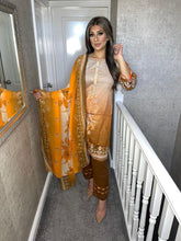 Load image into Gallery viewer, Orange Brown lawn Shalwar Kameez with chiffon dupatta 3piece ready to wear suit MOB-HM269
