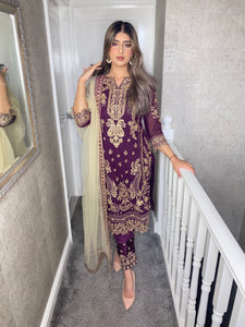 WINE Embroidered Shalwar Kameez with Net duppatta fully stitched 3 piece suit with Net Dupatta MOB-5182WINE