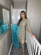 Load image into Gallery viewer, 3PC GREY Embroidered Shalwar Kameez with Blue CHIFFON duppatta fully stitched 3 piece suit C-1216B
